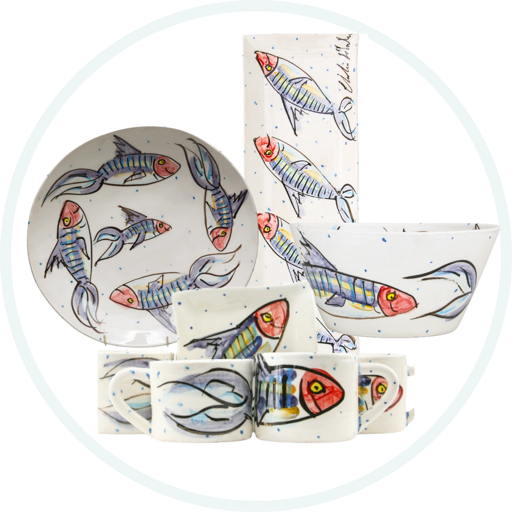 Irish Ceramics in Mackerel Designs in Dinner Plate, Serving Bowl, coffee mugs and decorative tray