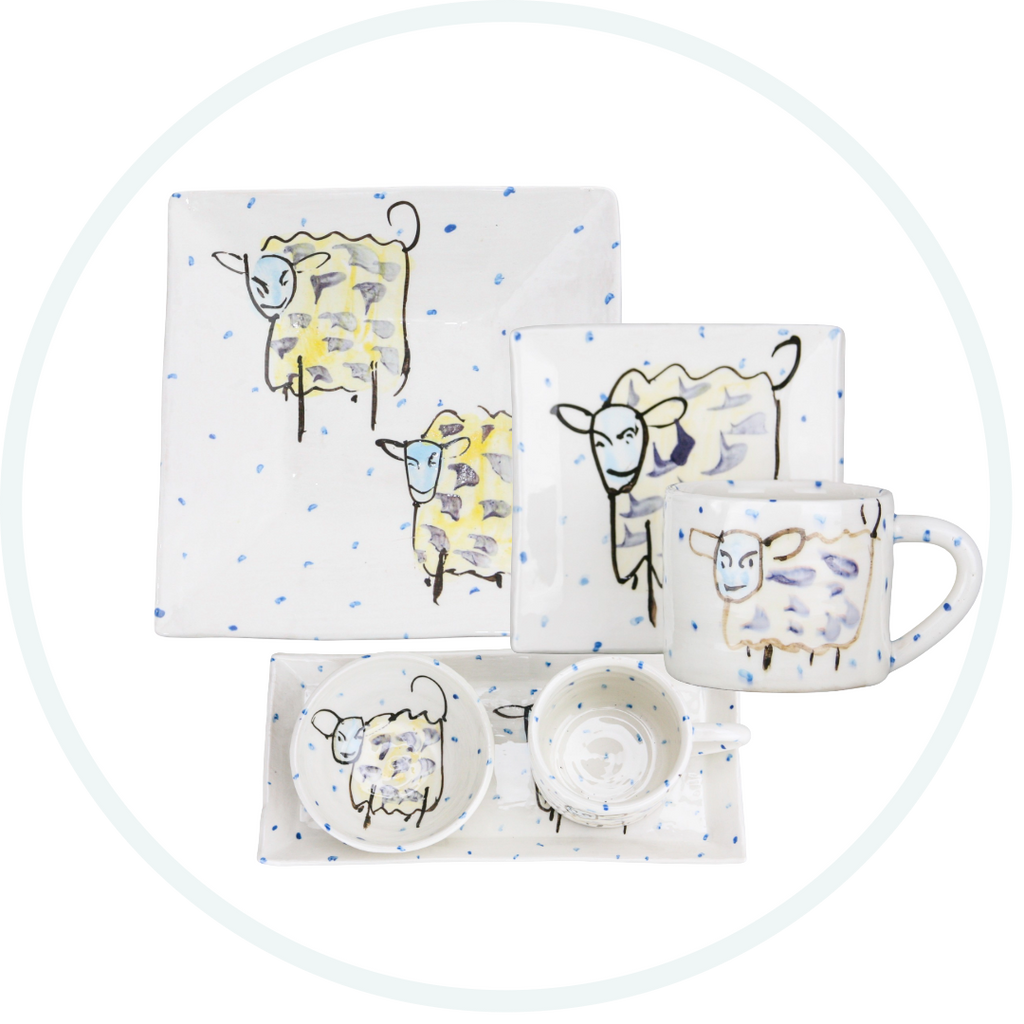 Irish Ceramics in coffee mugs, dinner plates, decorative tray, serving bowls in Sheep Designs