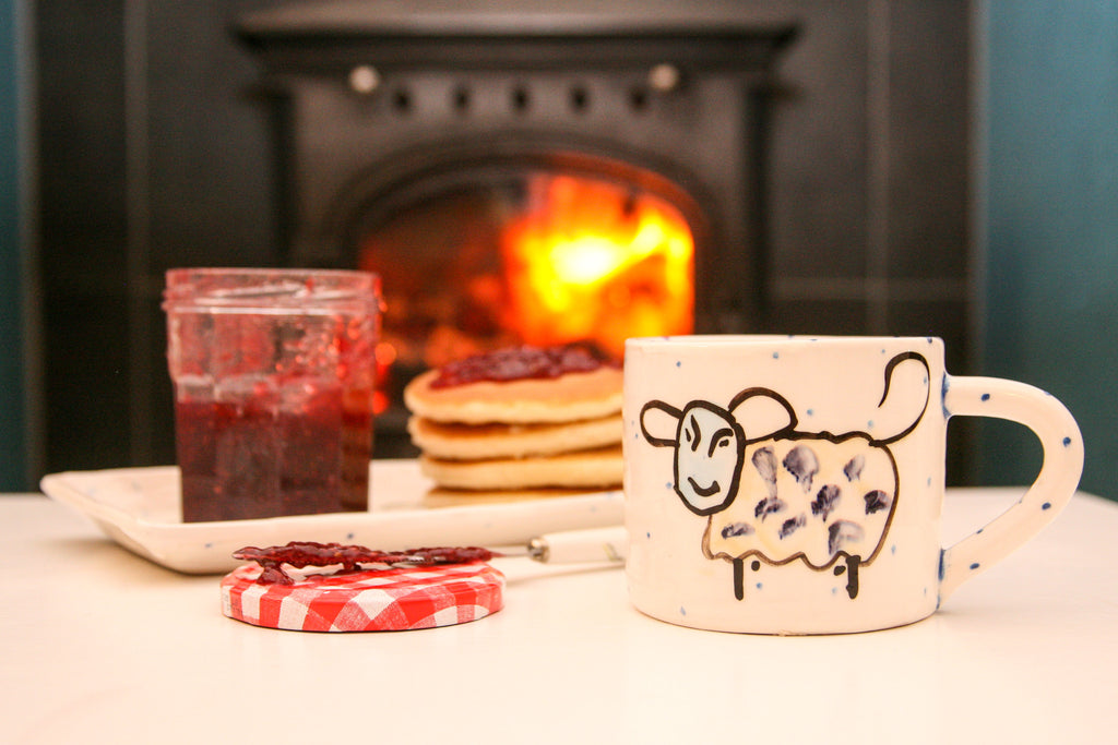 Large Irish Pottery Mug with Sheep Design, rectangular serving plate acting as a tray all with periodic blue dots on a luxurious white glaze, stunning gift for that someone special