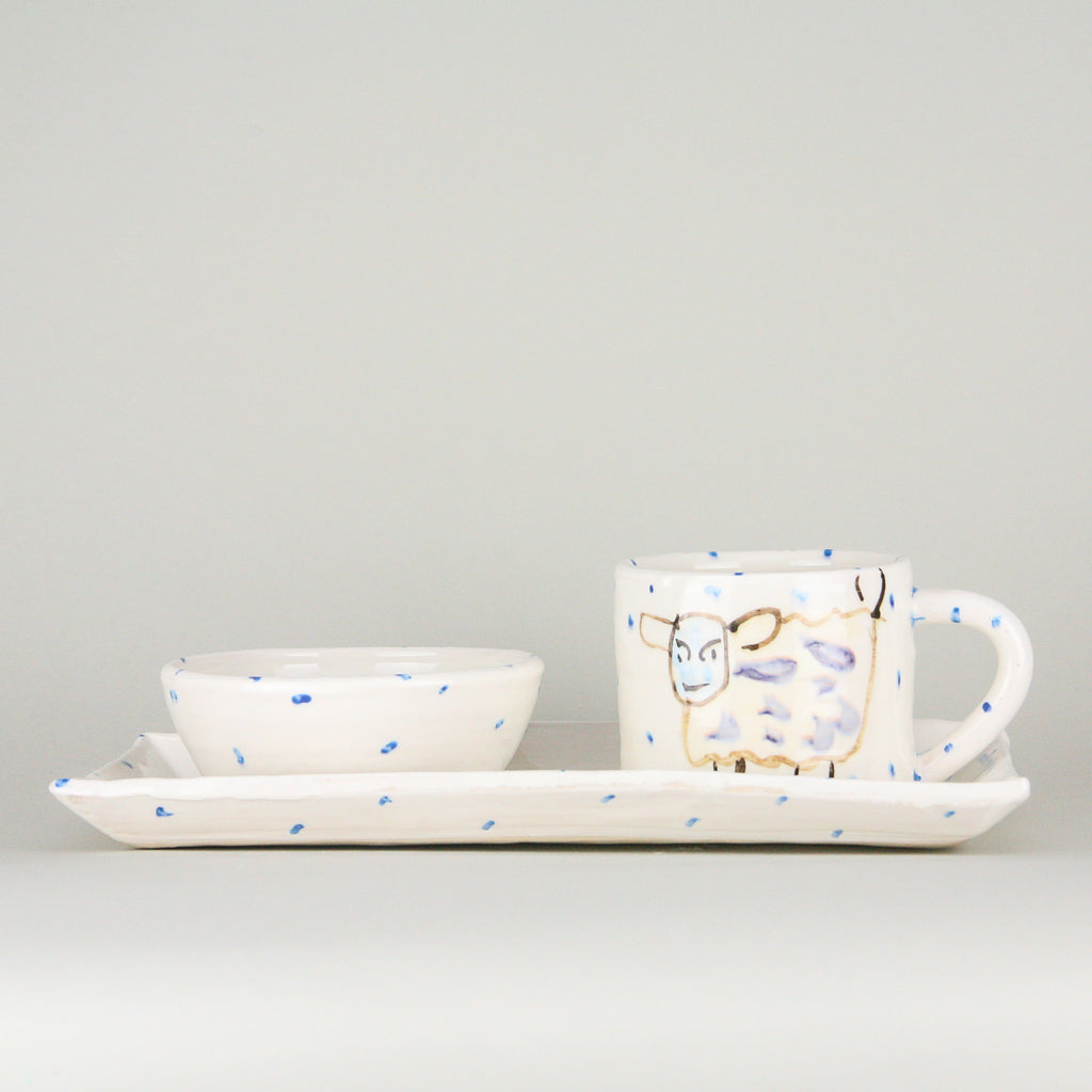 Unusual Irish Gifts - Ceramic Brunch Gift Set with mug, serving plate and bowl, hand painted with humorous sheep. Great house warming present