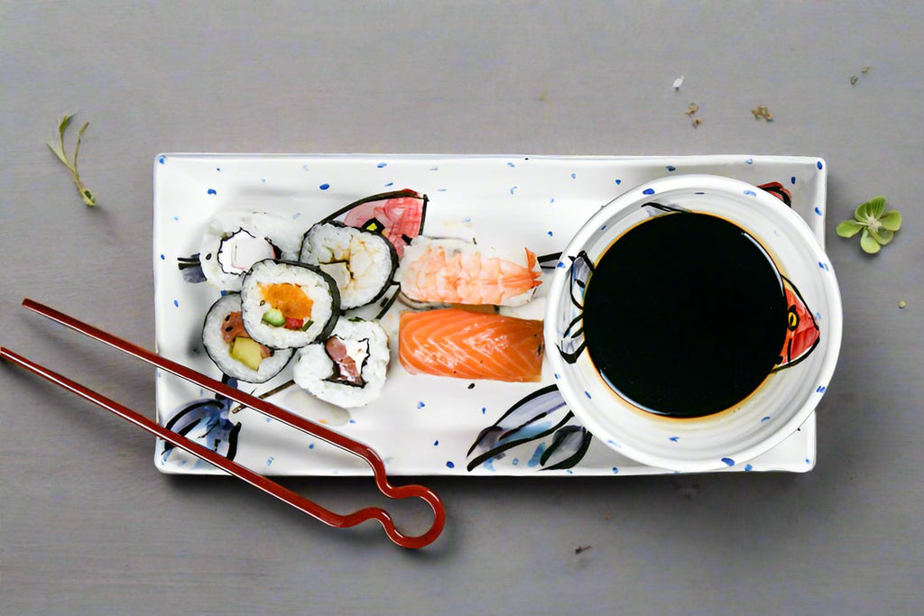 Irish handmade pottery serving platter and dipping bowl, hand painted with fish, perfect for serving sushi