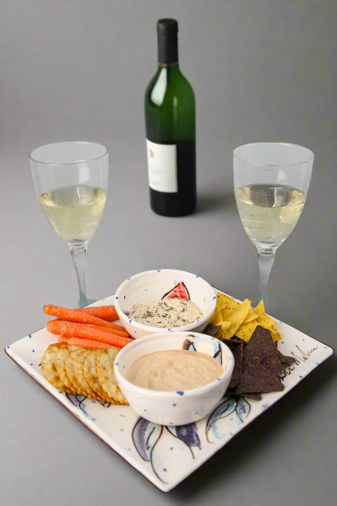 Serving plate and two dipping bowls for snacks - Medium sized square ceramic platter with fish pattern