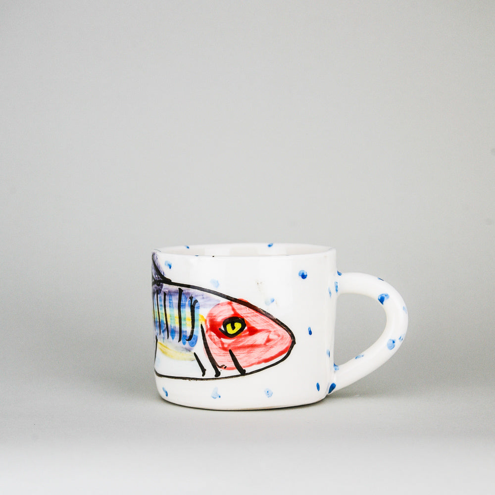 Unique Large Handmade Pottery Coffee Mug with hand painted traditional irish fish, perfect gift for coffee lovers and fishermen