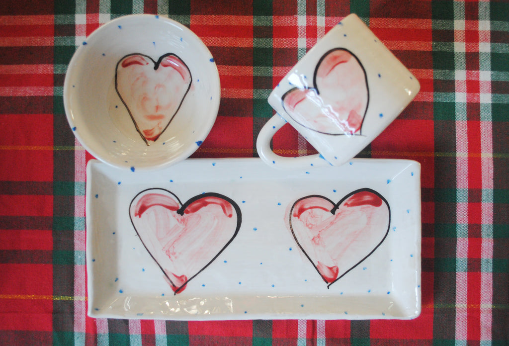 Mug, Ramekin Bowl & Small Rectangular Plate – Red Heart Collection