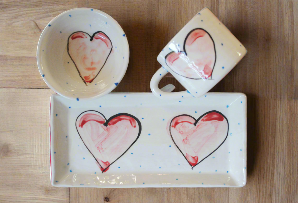 Irish Pottery Tea Set with hand painted mug, plate and bowl with pink hearts