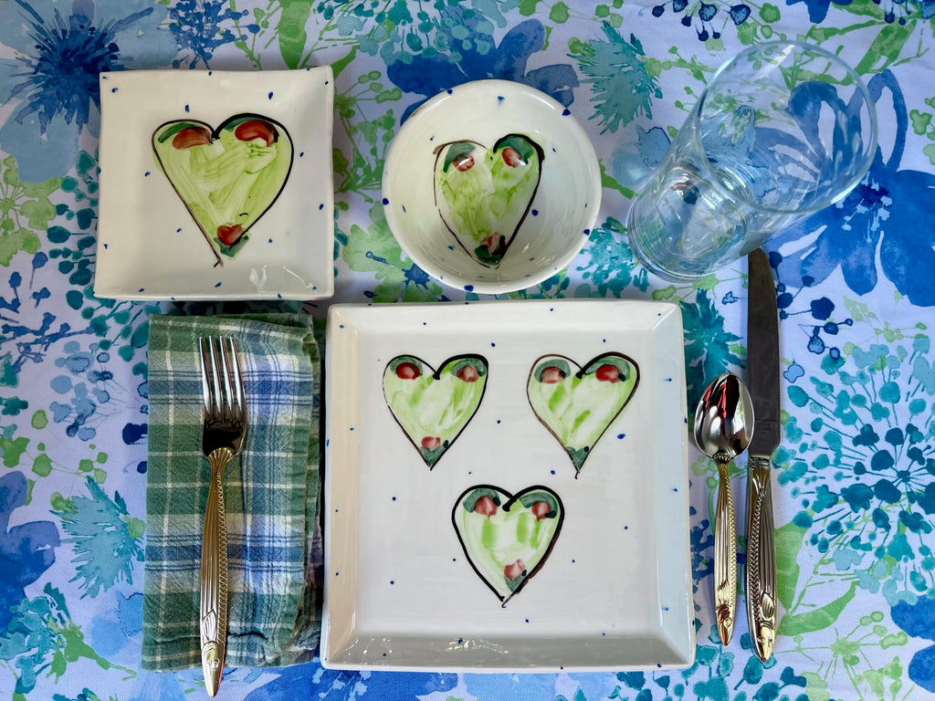 Irish Pottery Dinner Set, One Plate, side plate and a Ramekin Bowl for dips and gravy, all handmade and hand painted with Green hearts and delicate blue dots on a beautiful white glaze.