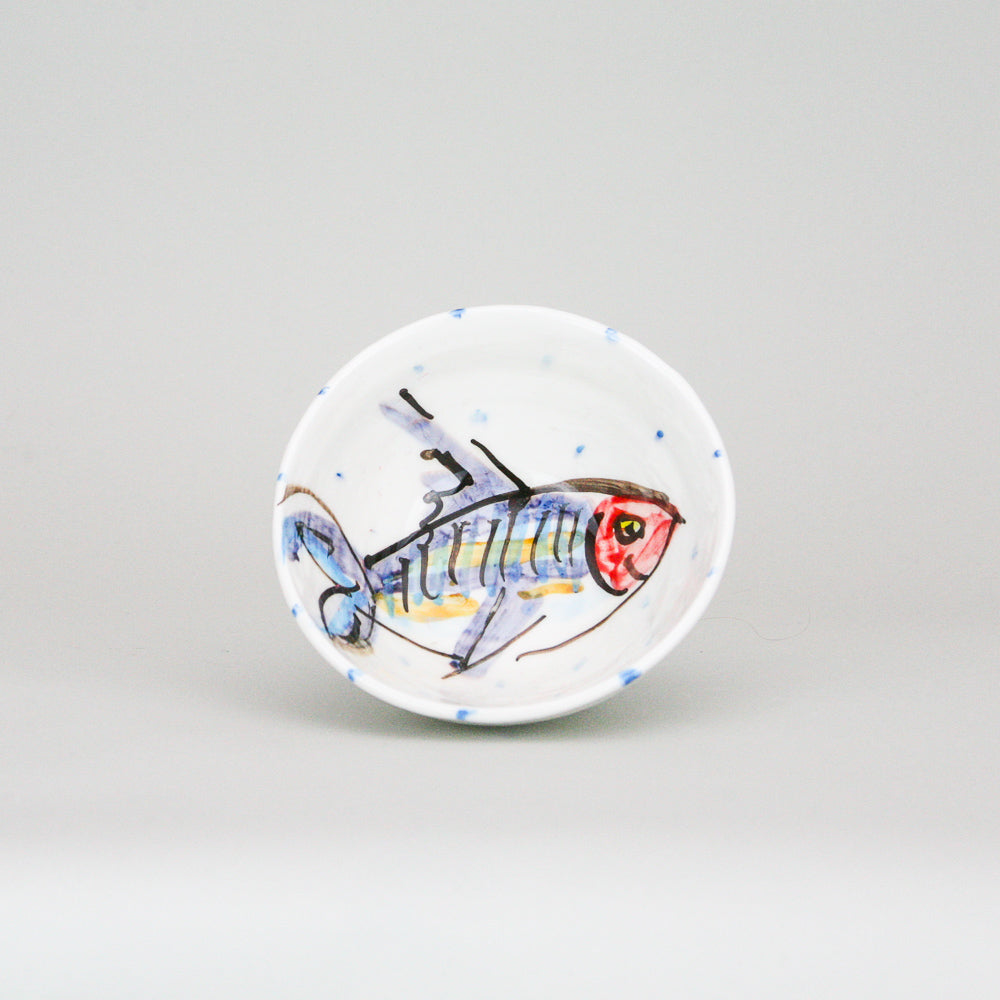 Small bowl / ramekin hand painted with a Mackerel Fish Design with periodic blue dots on a luxurious white background
