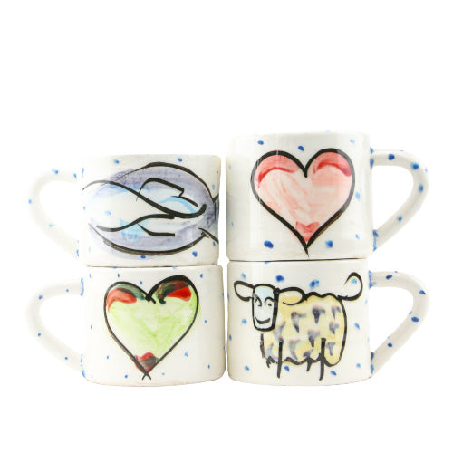 Large Coffee mugs with unique hand painted designs of Hearts, Sheep and Fish