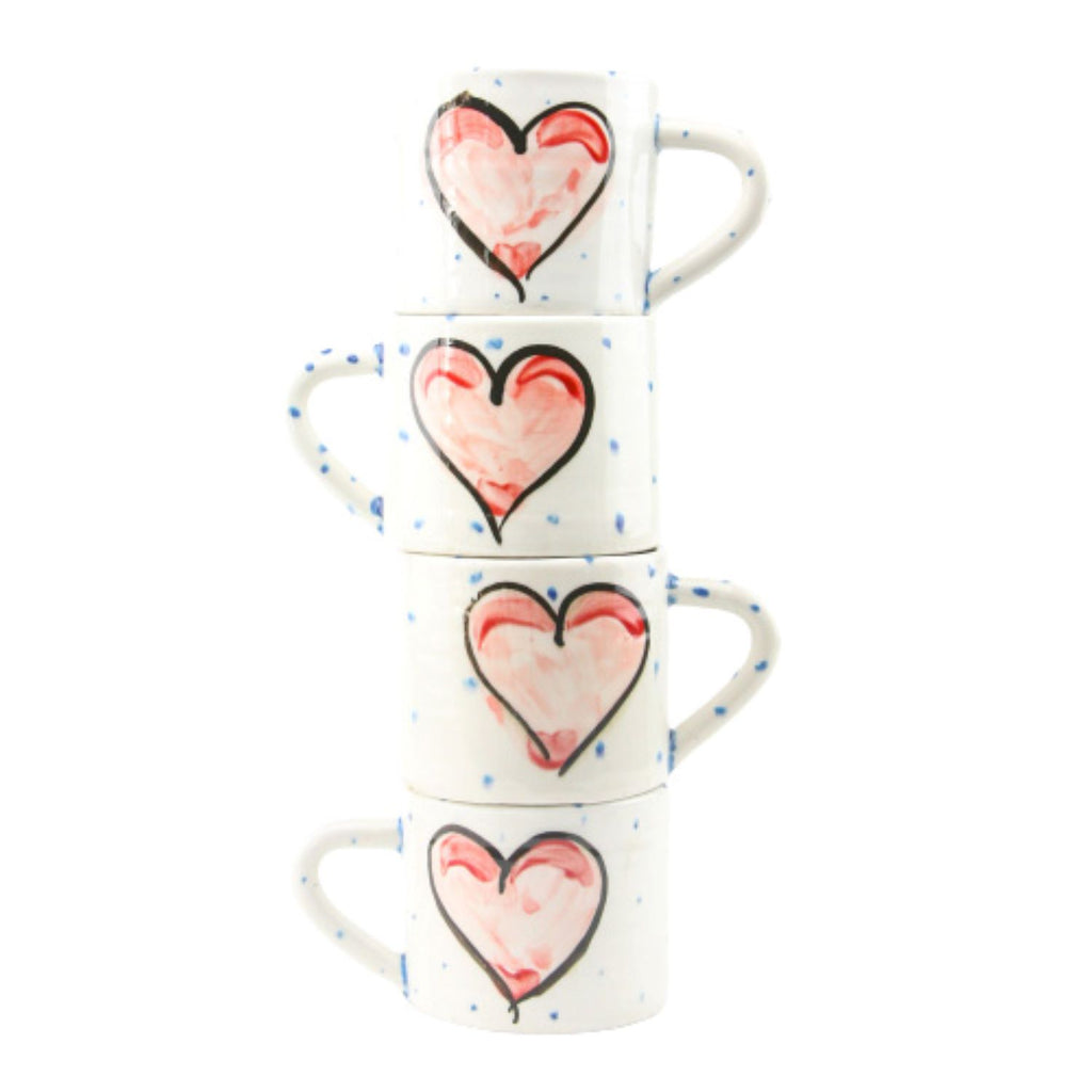 Unique Irish Pottery Coffee Mugs - hand painted with whimsical pink Hearts - brilliant gift for coffee and tea lovers 