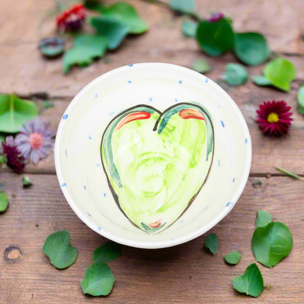 Hand painted ceramic bowls with Green Heart