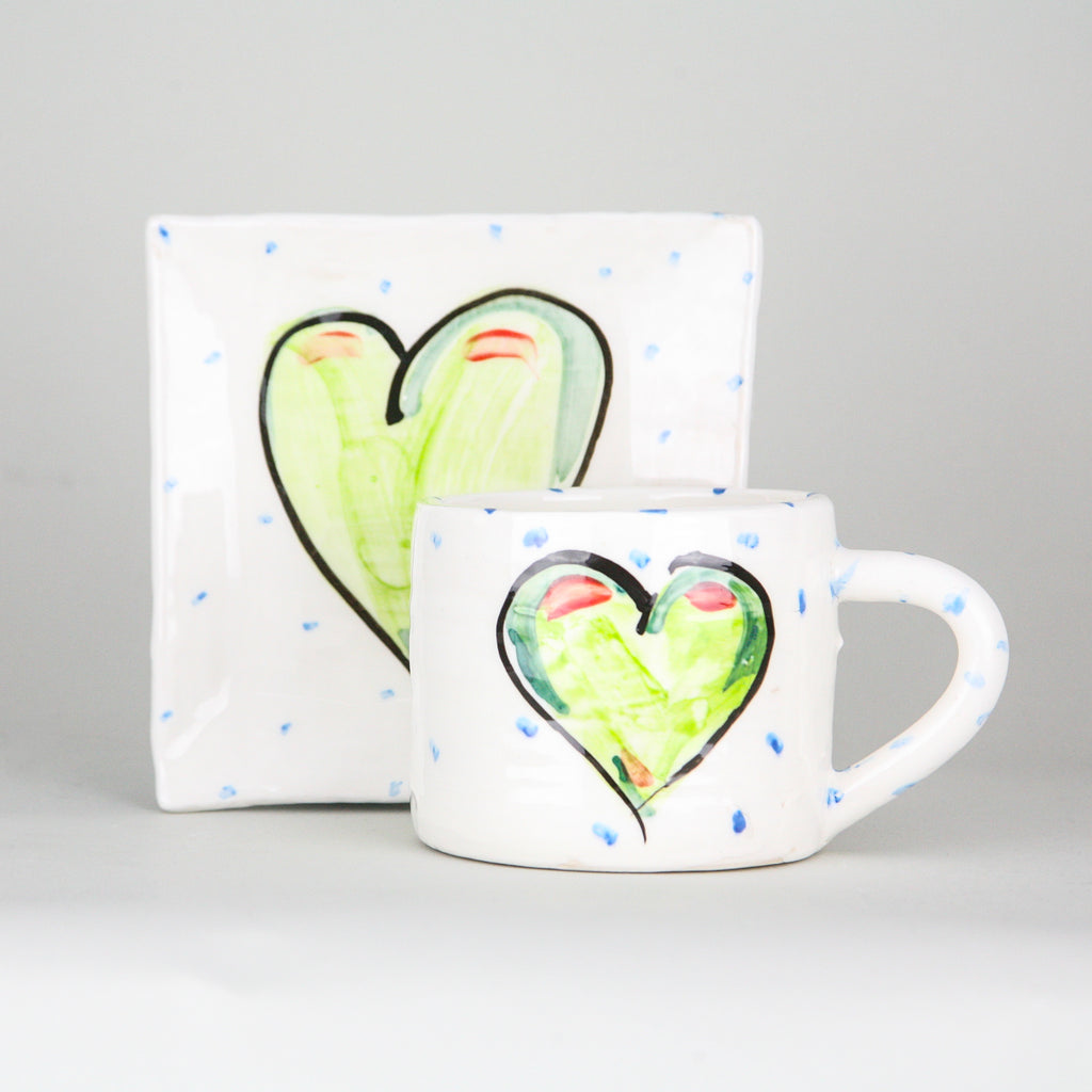 Stunning pottery gift set with hand painted ceramic mug and serving plate, unique green heart on white glaze with periodic blue dots - wonderful and refreshing burst of spring!