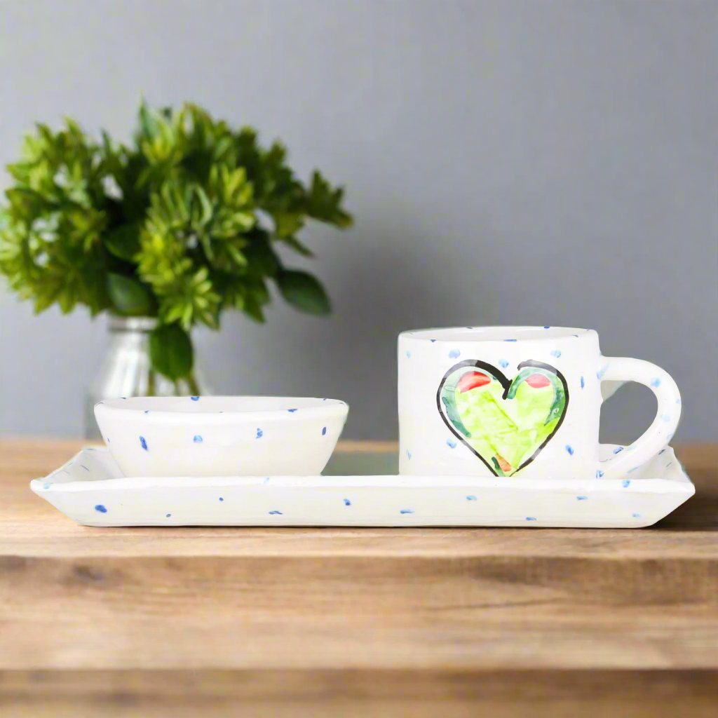 Irish pottery mug with serving plate and bowl, hand painted with Green Hearts