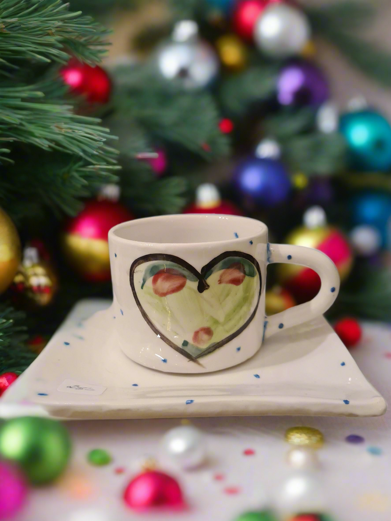 Gift set of a Small Ceramic Mug and Side Plate hand painted with Green Hearts and periodic blue dots on luxurious white glaze 