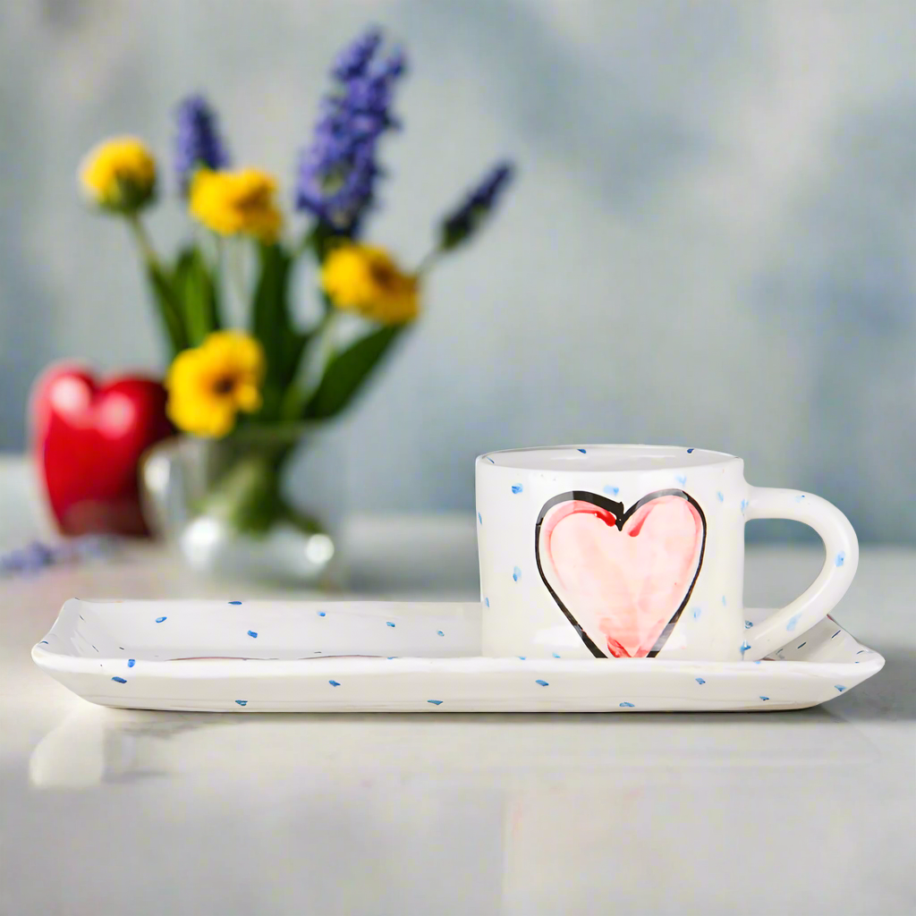 Hand painted heart design on cool handmade gift sets with ceramic mug and serving plate