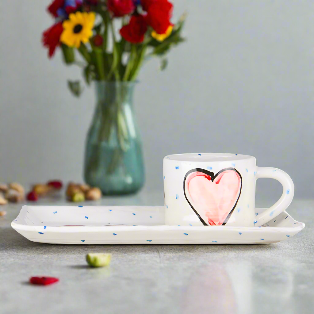 Irish pottery gifts with mug and plate with hand painted pink hearts