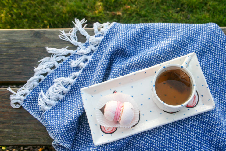 Unique house warming gift - Irish handmade ceramic breakfast tea set with one mug and one serving plate with hand painted pink heart design