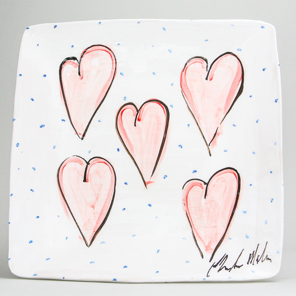 Unique Serving platter for large gatherings -Extra Large Square Serving Platter with Heart Design, periodic blue dots on a beautiful white glaze.