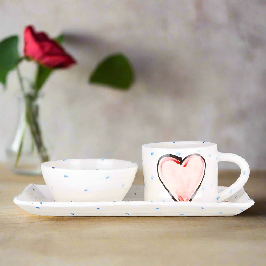 Irish pottery mug with rectangular serving plate and ramekin bowl in Pink Heart design