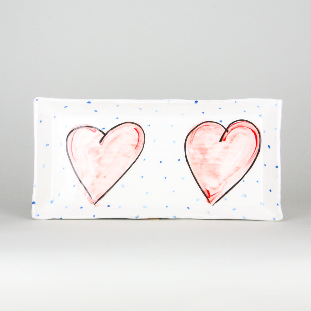 Handmade Serving Dish with hand painted pink love hearts - perfect for serving lunch