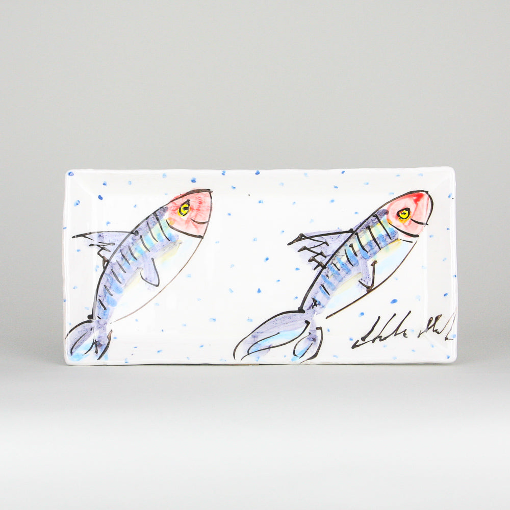 Cool Rectangular Ceramic Pottery Serving Plate, hand made and hand painted with traditional irish fish and periodic blue polka dots on a luxurious white glaze