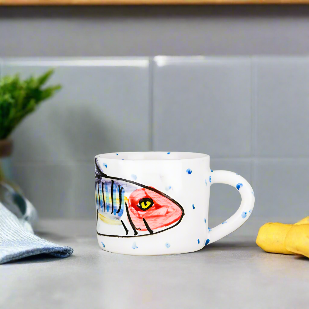 Hand painted ceramic mug with Mackerel Fish design