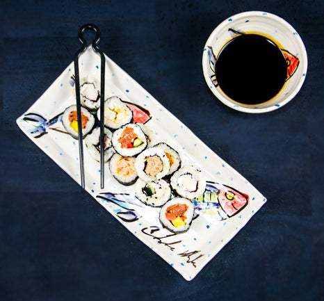 Ceramic Sushi Set, Rectangular serving platter and Ramekin Dipping Bowl, both handmade and hand painted with beautiful Mackerel Fish