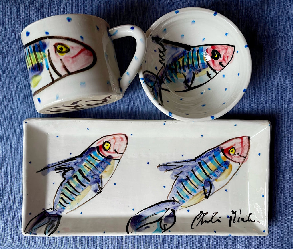 Mug, Ramekin Bowl & Small Rectangular Plate – Mackerel Collection