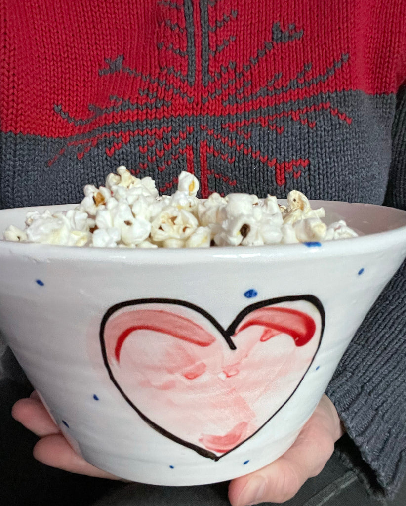 Medium Bowl hand painted with Pink Love Hearts on a luxurious white background with periodic blue dots