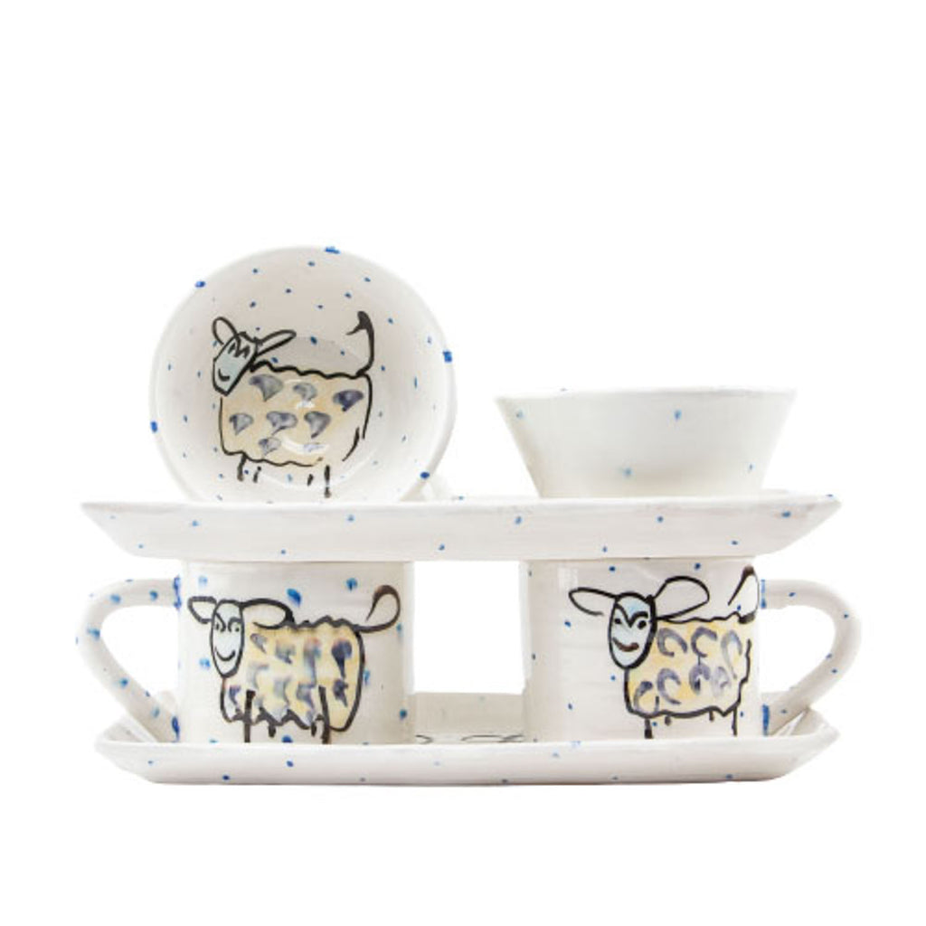 Irish Pottery Gift Set for Coffee Lovers - Two breakfast set with unique hand painted sheep on white glaze and periodic blue dots includes two large ceramic mugs and two servings plates and two  bowls 