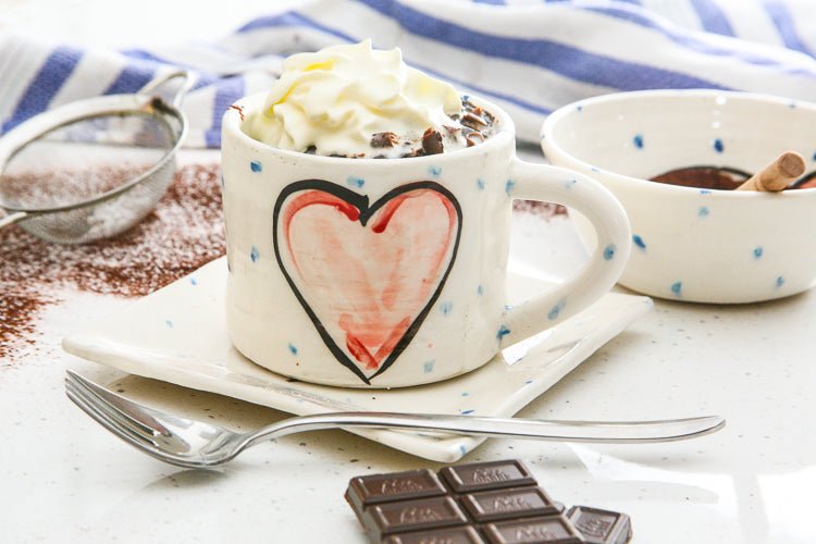 Handmade and Hand Painted mug and side plate with pink love hearts with blue polka dots on white glaze. 