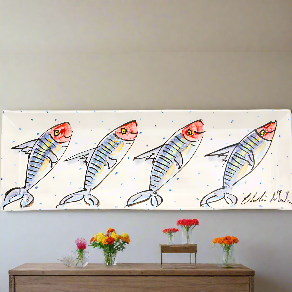 Tableware for entertaining - large serving rectangular platter with mackerel fish pattern