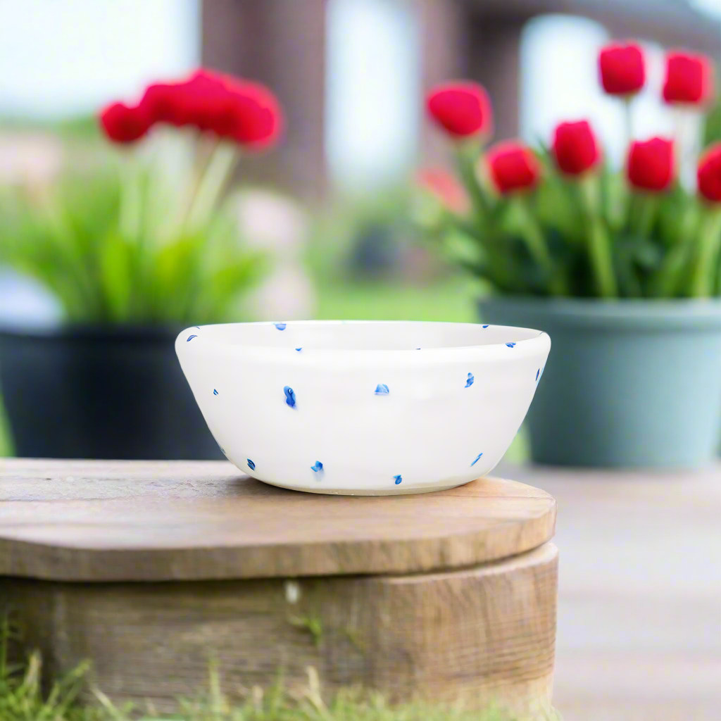 Ceramic breakfast bowl with periodic blue dots and heart design