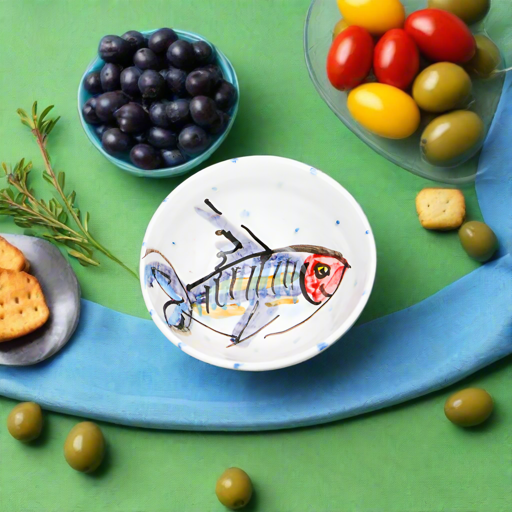 Irish handmade ceramic dipping bowl with hand painted mackerel fish