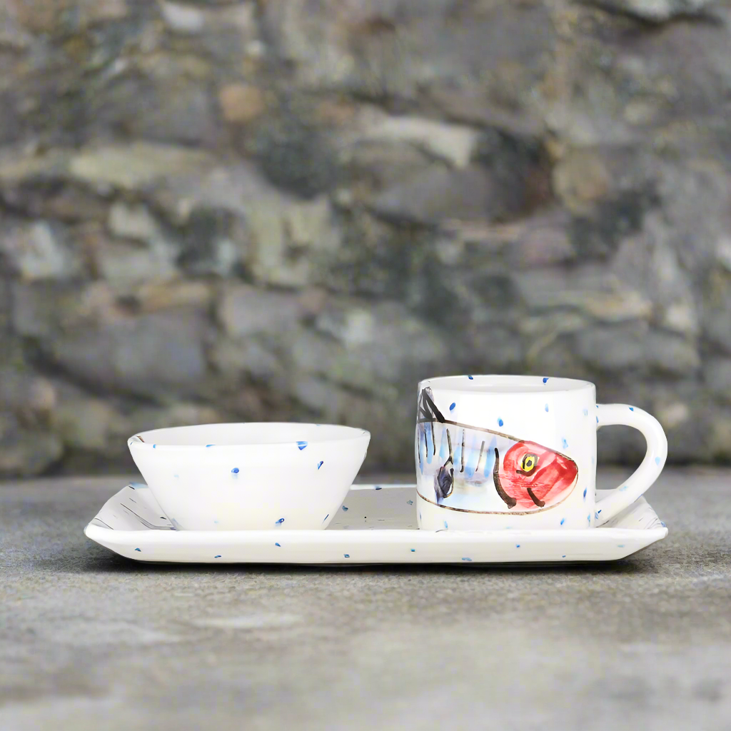 Gifts for Housewarming - Hand Painted Ceramic Mug and Plate and Dipping Bowl with fish pattern