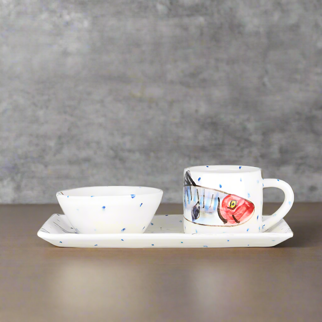 Coffee Gift Set - Rectangular serving dish with Mug and dipping bowl all hand painted with Mackerel Fish