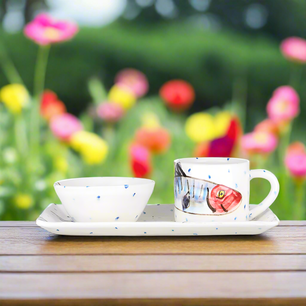 Large Gift Set for Coffee and Tea lovers with Hand Painted Mackerel Fish Pattern