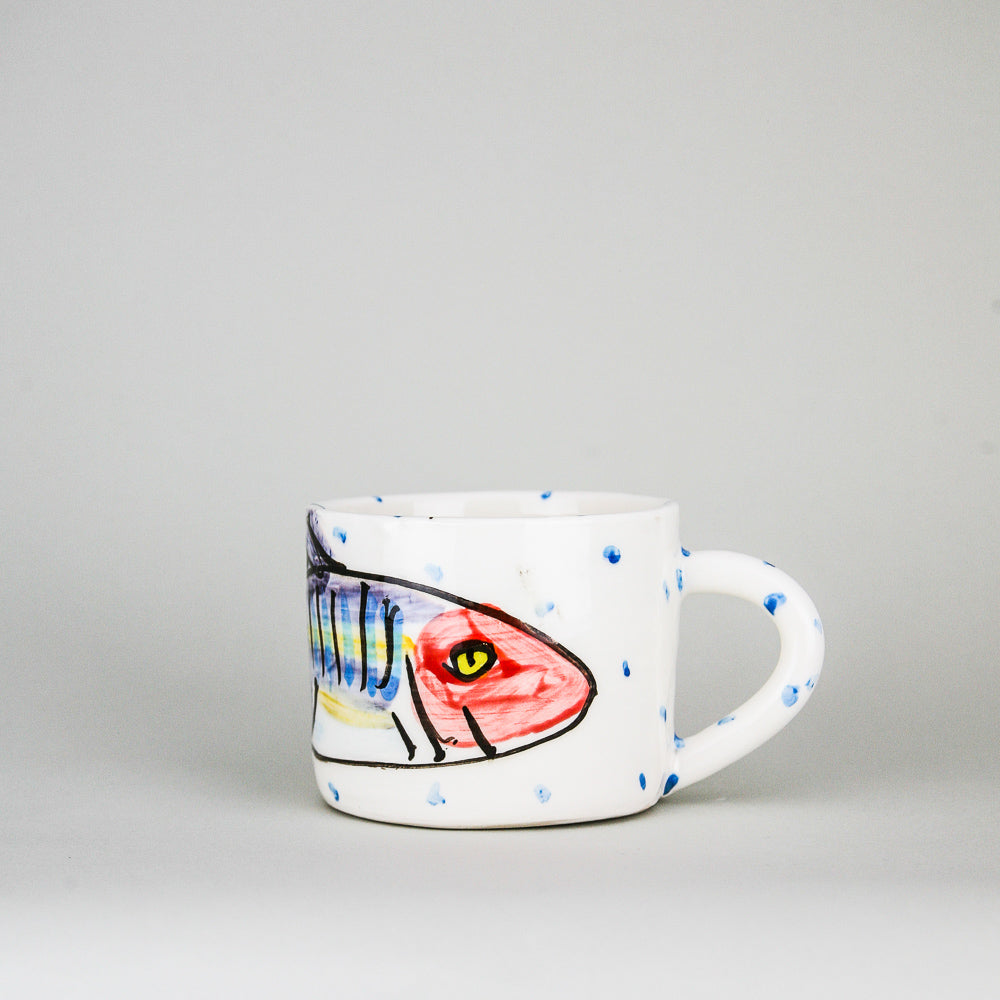 One large Mug hand painted with Mackerel Fish Design periodic blue dots on a luxurious white background