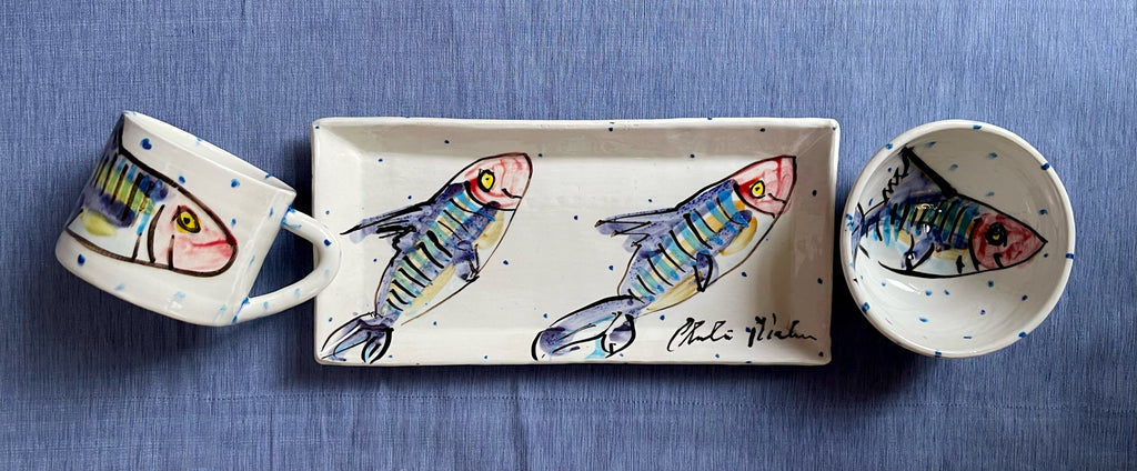 Three piece Irish ceramic pottery breakfast tea set with hand painted mackerel fish design - Ideal House Warming Gift