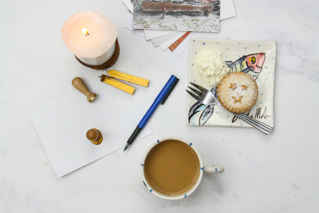 Unique gift of handmade irish mug and side plate with hand painted mackerel fish.  Perfect for morning tea!