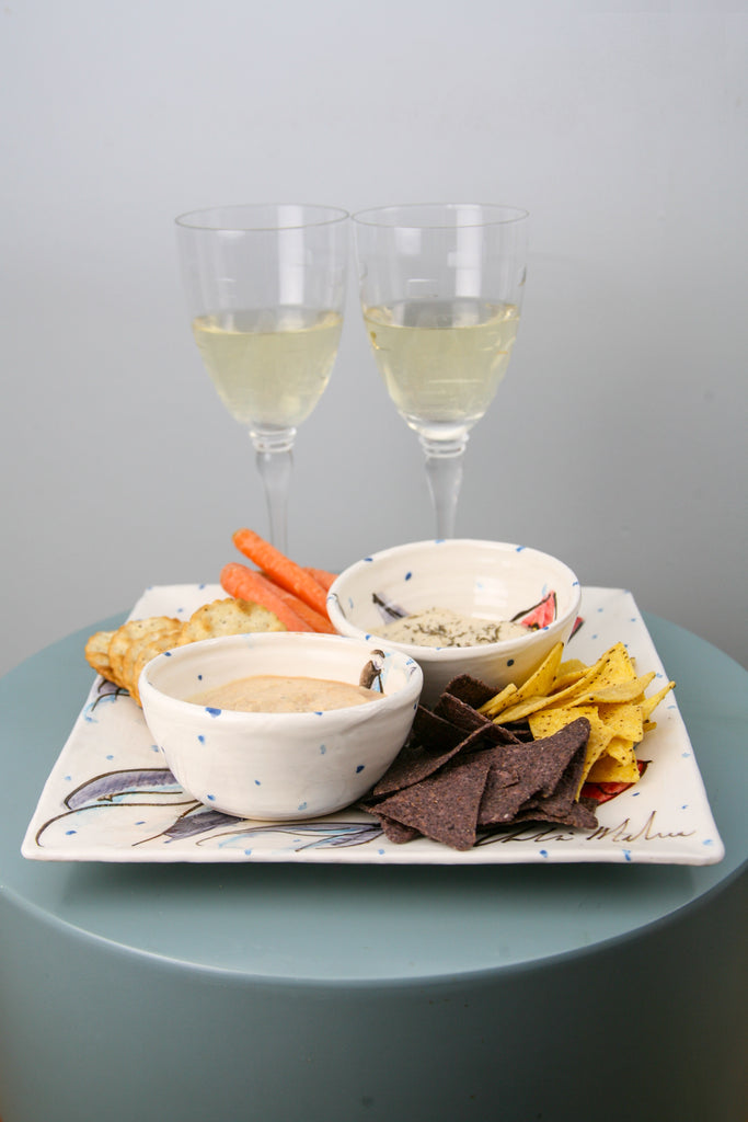 Irish hand painted ceramic square serving platter with two ramekin dipping bowls serving food with prosecco   