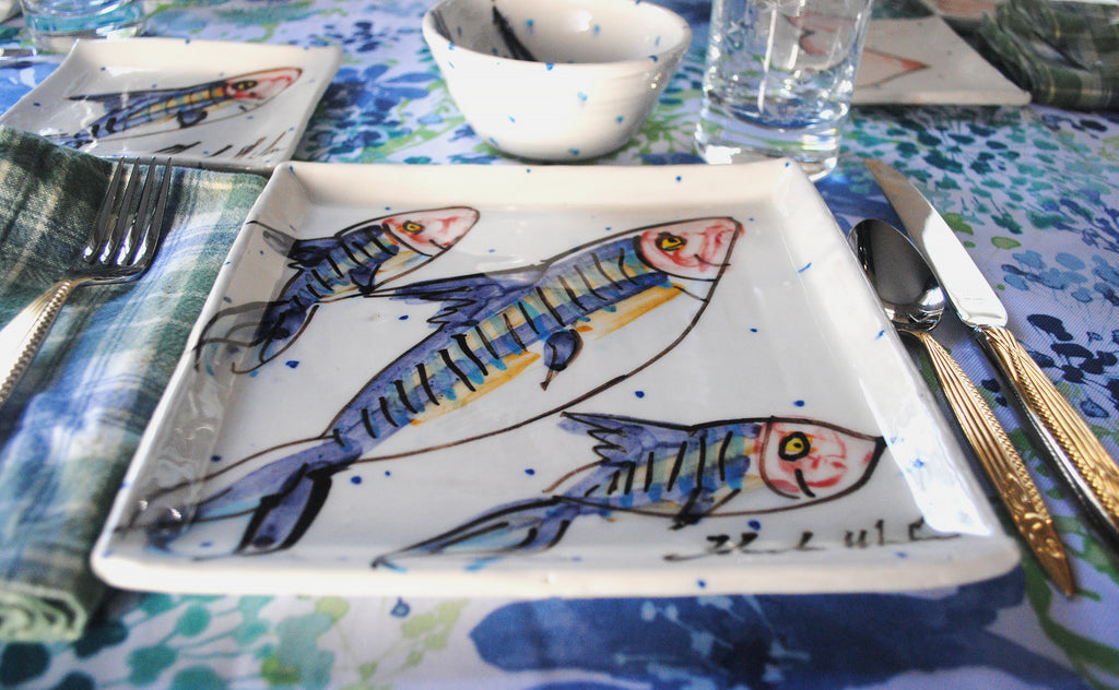 Medium square dinner plate accompanied with small ramekin dipping bowl for vegetables and side plate, handmade pottery, each hand-painted with mackerel fish. 