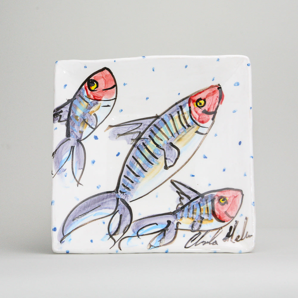 Stunning and original square serving plate showcasing beautiful  hand painted mackerel fish - true art on ceramics
