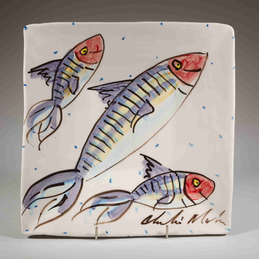 Square Ceramic Serving Platter with Irish Hand Painted Mackerel Fish pattern