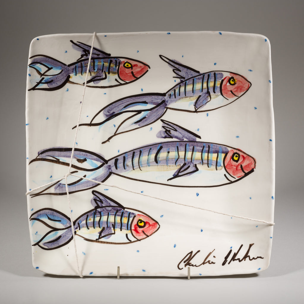 Large Ceramic Serving platter for large gatherings - Extra Large Square Serving Platter with Mackerel Fish Design on luxurious white glaze and periodic blue dots.