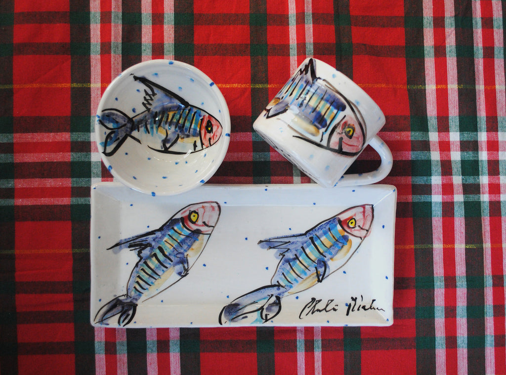 A cool unique three piece irish pottery tea set , handmade and hand painted with traditional irish  fish design and blue dots on luxurious white porcelain - Fantastic Wedding gifts ideas 