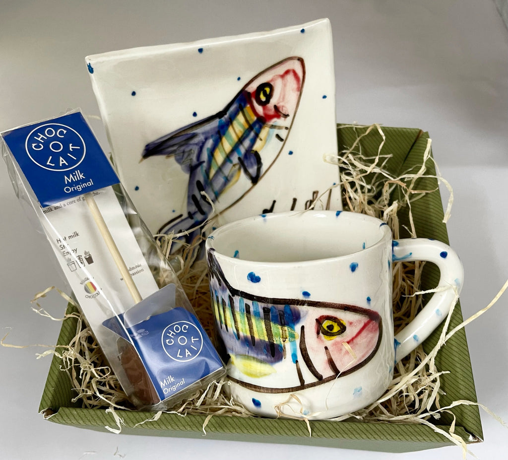 Delightful ceramic gift set with one large irish pottery mug and side plate hand painted with Mackerel Fish