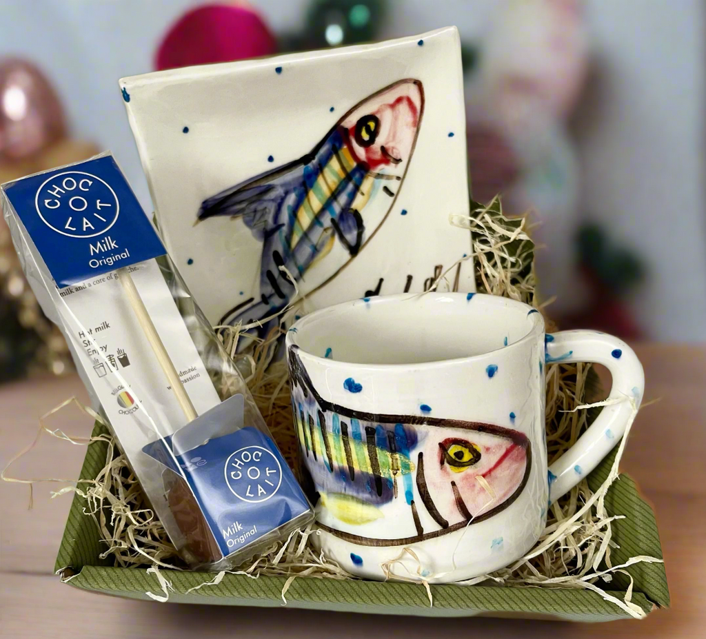 Ceramic Pottery Gifts for Hot Chocolate Lovers, contains one large Irish pottery mug and one side plate with hand painted Mackerel Fish with Chocolate Stirrer 