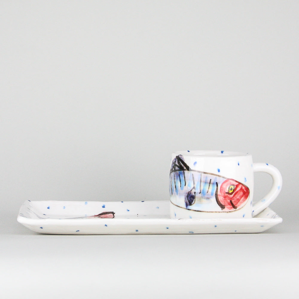  Handmade Mug and plate gift set with hand painted Mackerel Fish design  and periodic blue dots on a luxurious white glaze.