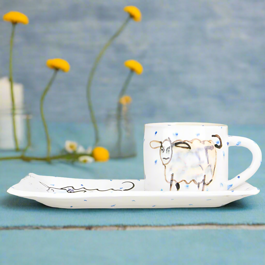 Irish hand painted Tea and Coffee Gift Sets, consisting of a ceramic plate and large mug with a witty sheep pattern