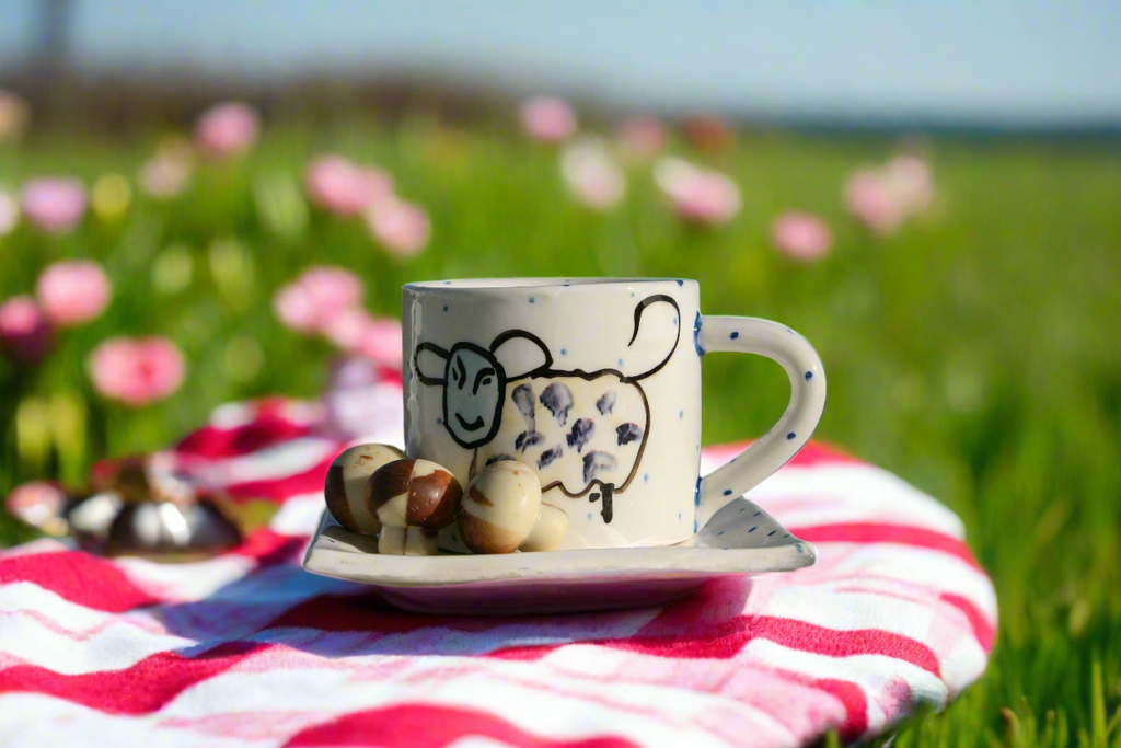 Irish pottery mug and side plate with sheep design